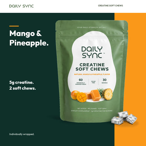 Daily Sync Creatine Soft Chews in Mango & Pineapple with three individually wrapped chews on a forest green and orange background
