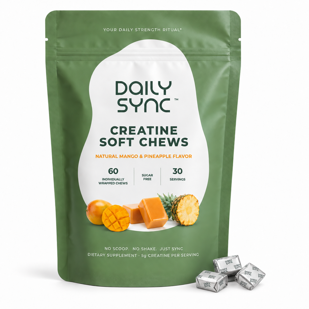 Daily Sync Mango & Pineapple Creatine Soft Chews pouch with three real individually wrapped chews on the lower right, on a white background