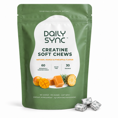 Daily Sync Mango & Pineapple Creatine Soft Chews pouch with three real individually wrapped chews on the lower right, on a white background