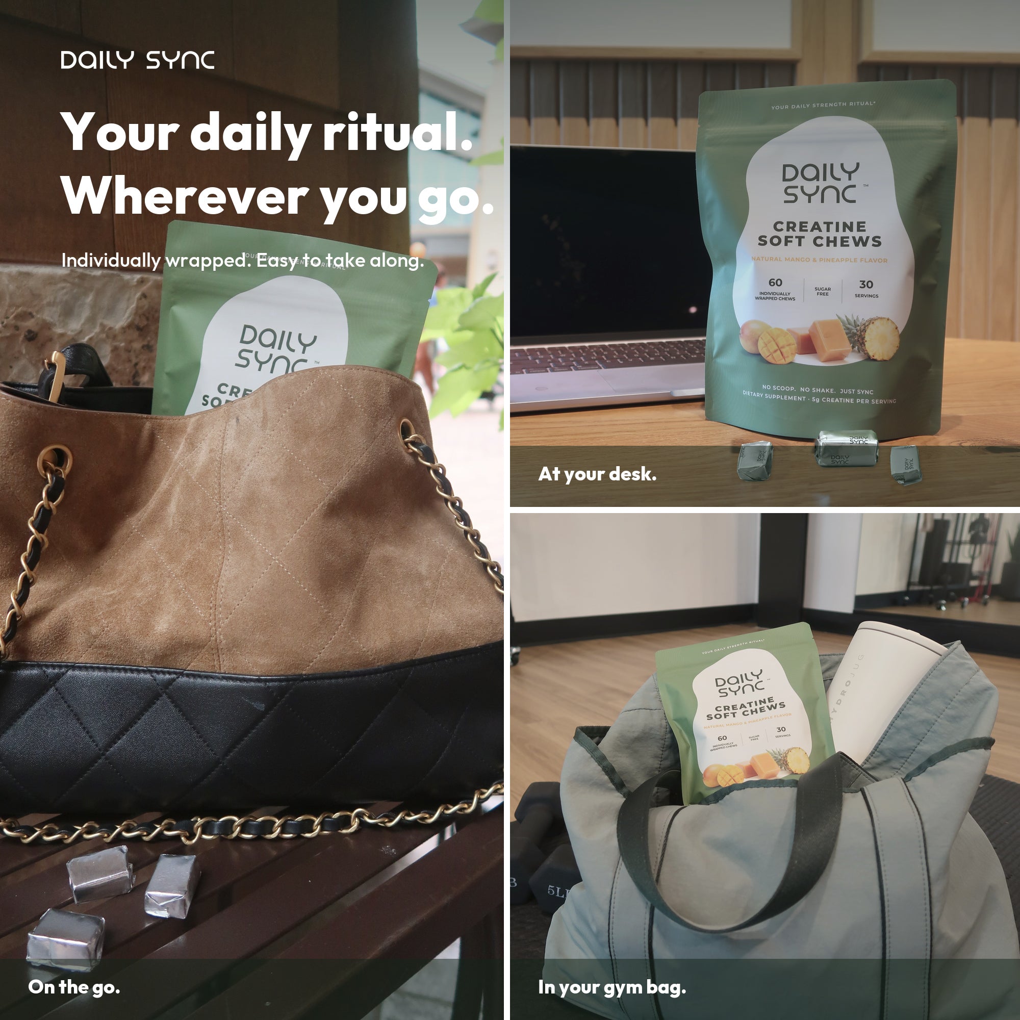 Real Daily Sync product photographs at a desk, in a handbag and in a gym bag