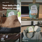 Individually wrapped Daily Sync soft chews in real desk, handbag and gym bag photographs