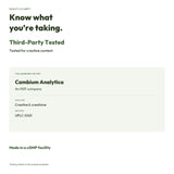 Third-party tested for creatine potency; Cambium Analytica tested the supplied sample