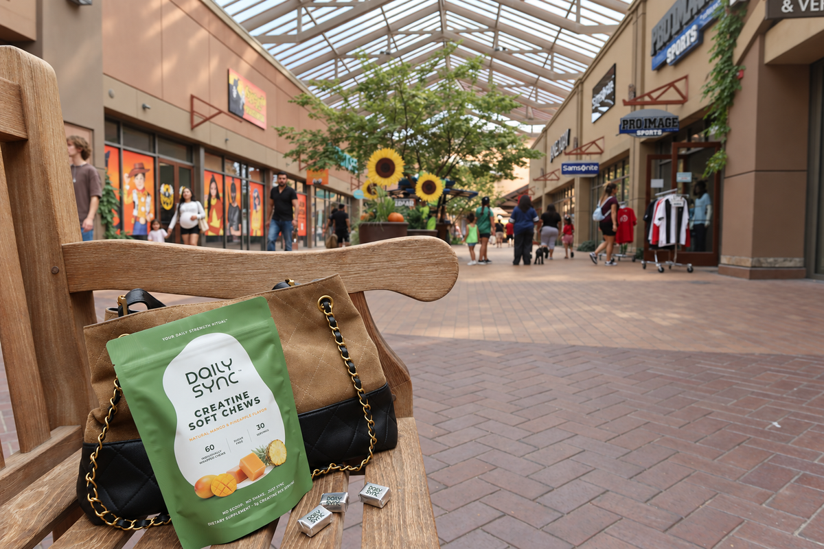 Daily Sync creatine pouch and wrapped chews beside a handbag while shopping